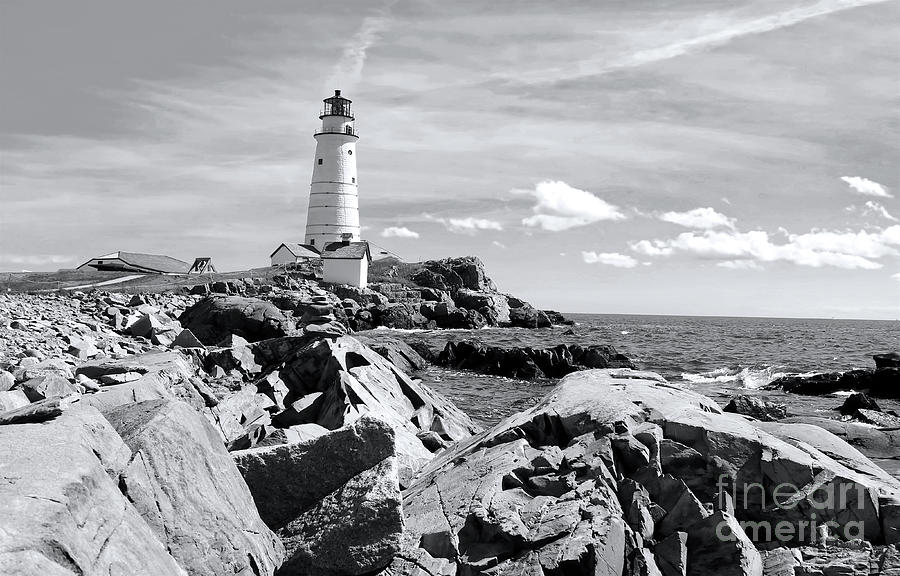 Lighthouse Seascape in Black and White Photograph by Beth Myer Photography