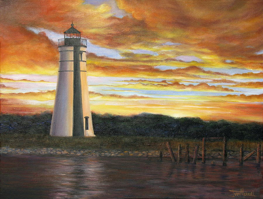 Lighthouse Sunset Painting by Judy Merrell