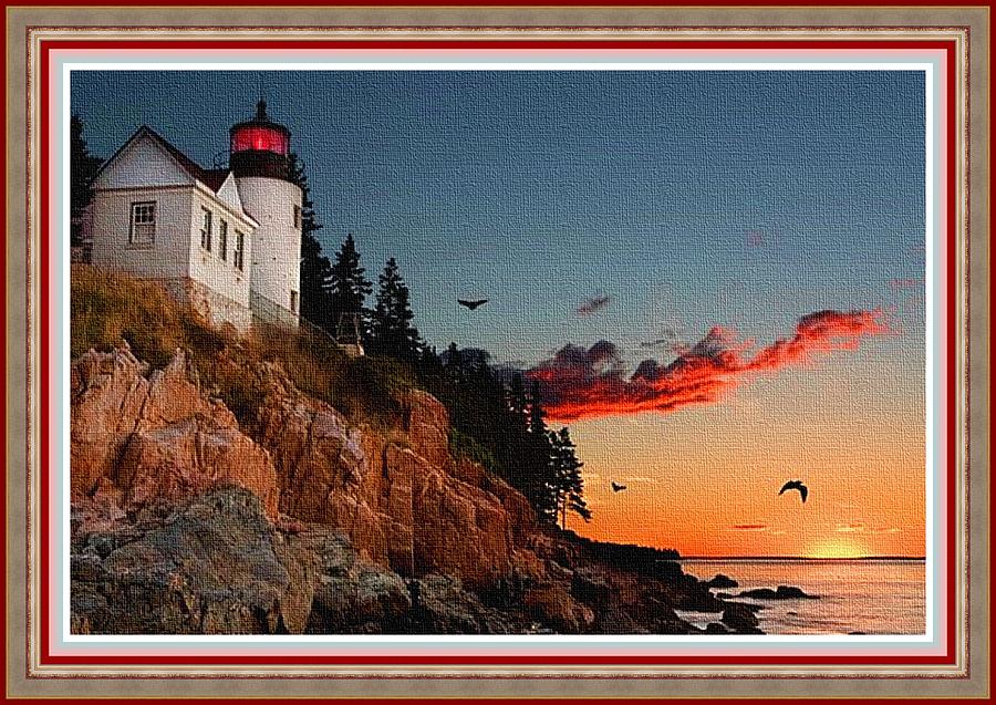 Sunset Painting - Lighthouse Sunset L B With Decorative Ornate Printed Frame. by Gert J Rheeders