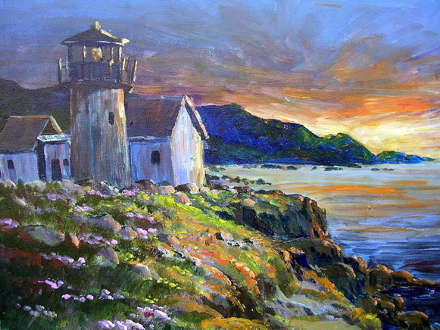 Lighthouse Sunset Painting by Richard Powell - Fine Art America