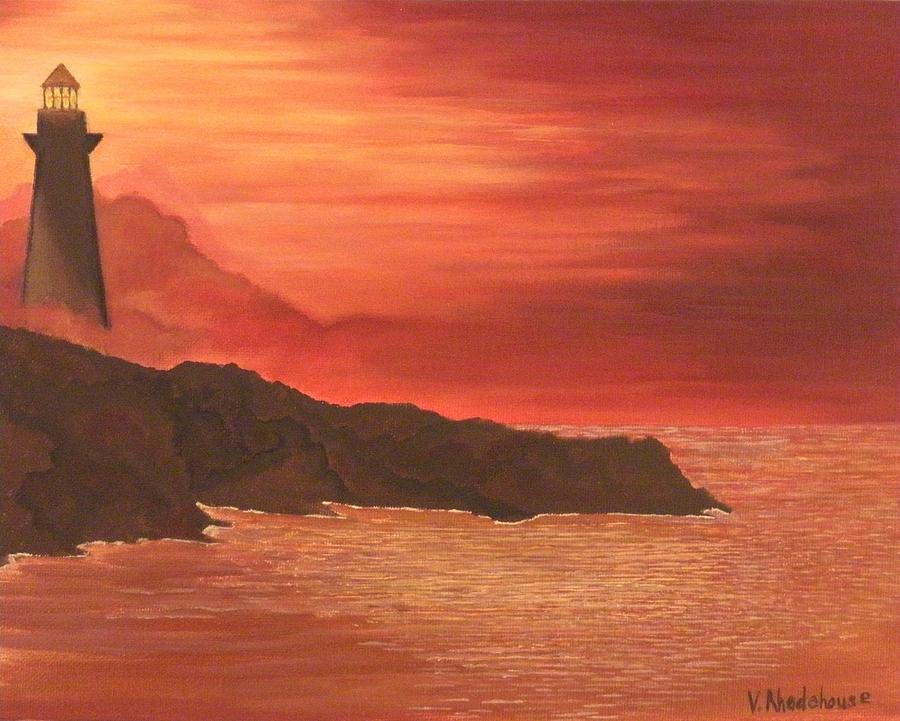 Lighthouse Sunset Painting by Victoria Rhodehouse