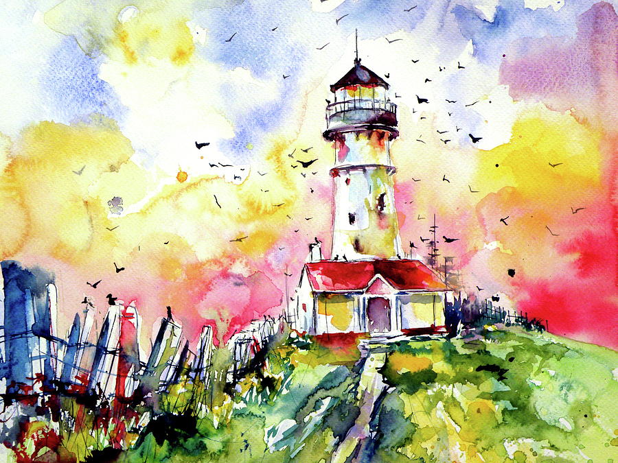 Lighthouse with birds cd Painting by Kovacs Anna Brigitta