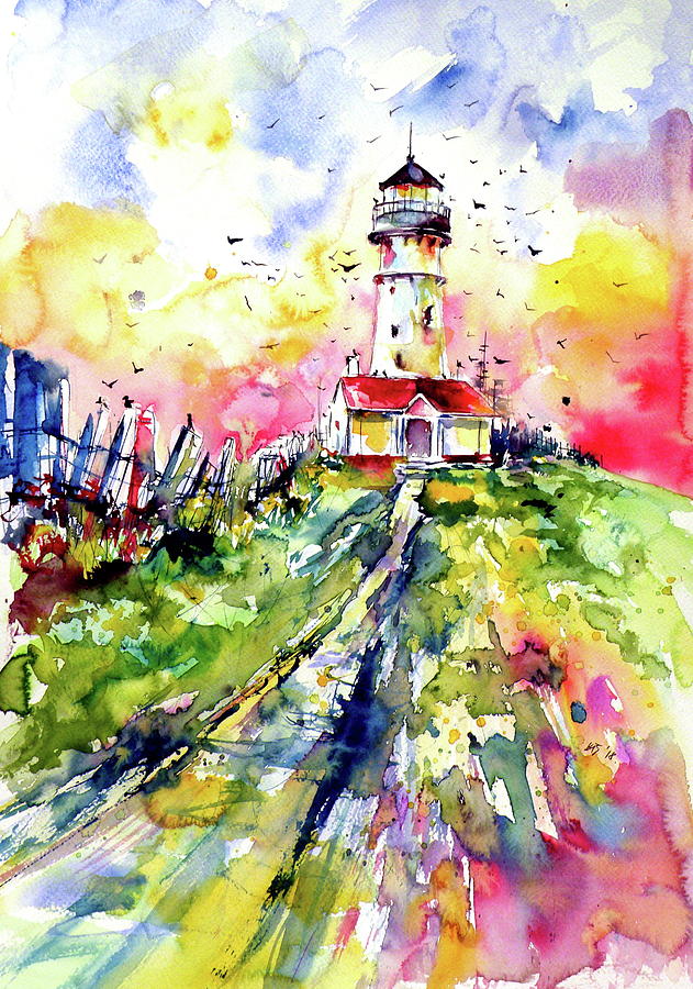 Lighthouse with birds Painting by Kovacs Anna Brigitta