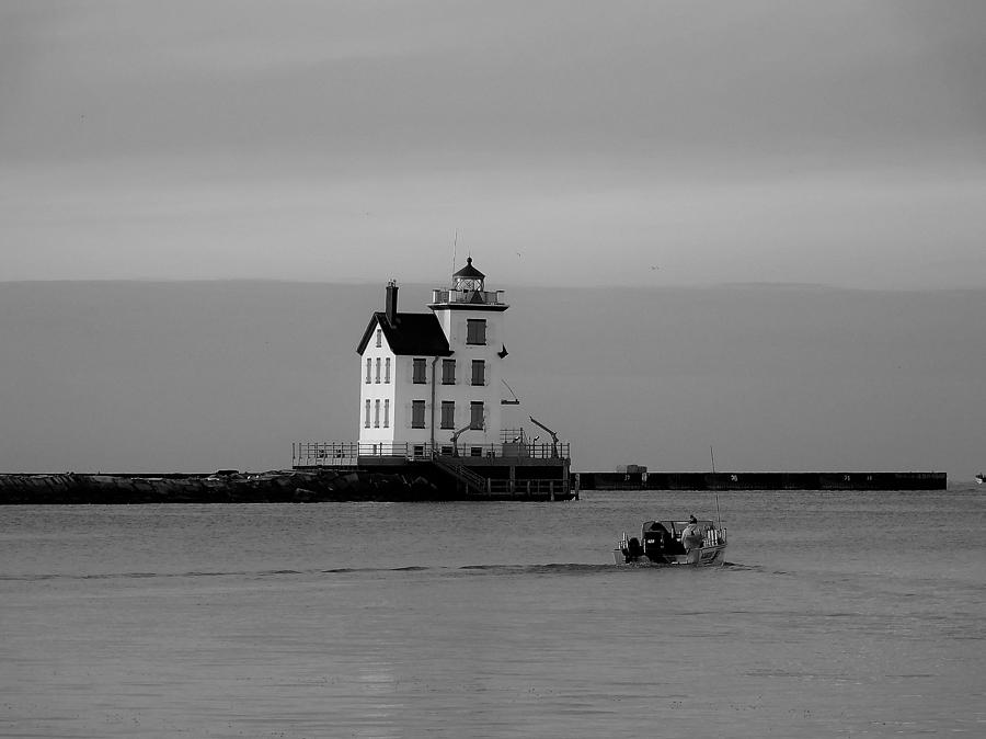 Lighthouse With Boat Bw Photograph
