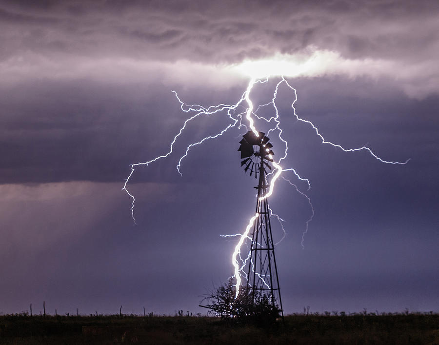 Lightning and Windmill Photograph by Rob Graham