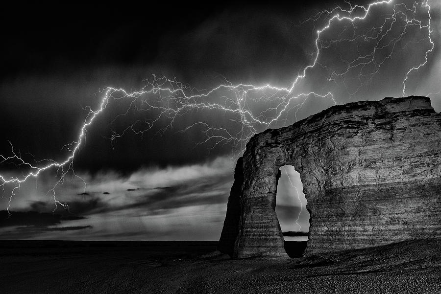 Black And White Photograph - Lightning at Monument Rocks by Darren White