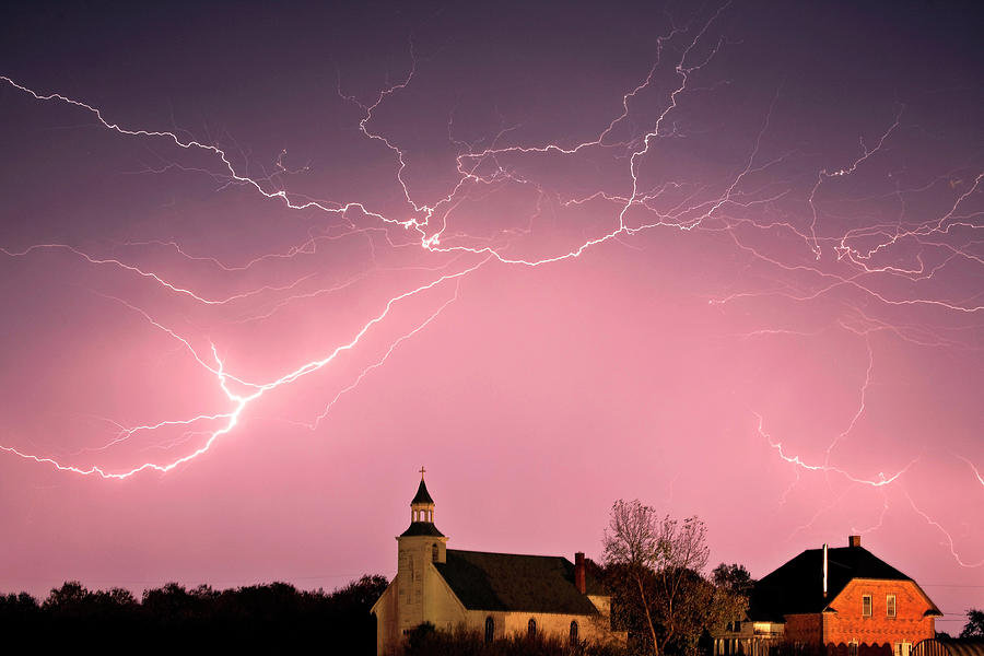 Lightning bolts over Spring Valley country church Digital Art by Mark Duffy
