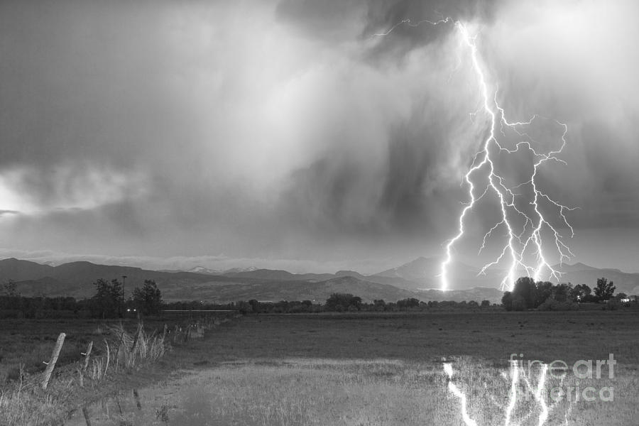Lightning Bolts Striking Longs Peak Foothills 6BW  Photograph by James BO Insogna