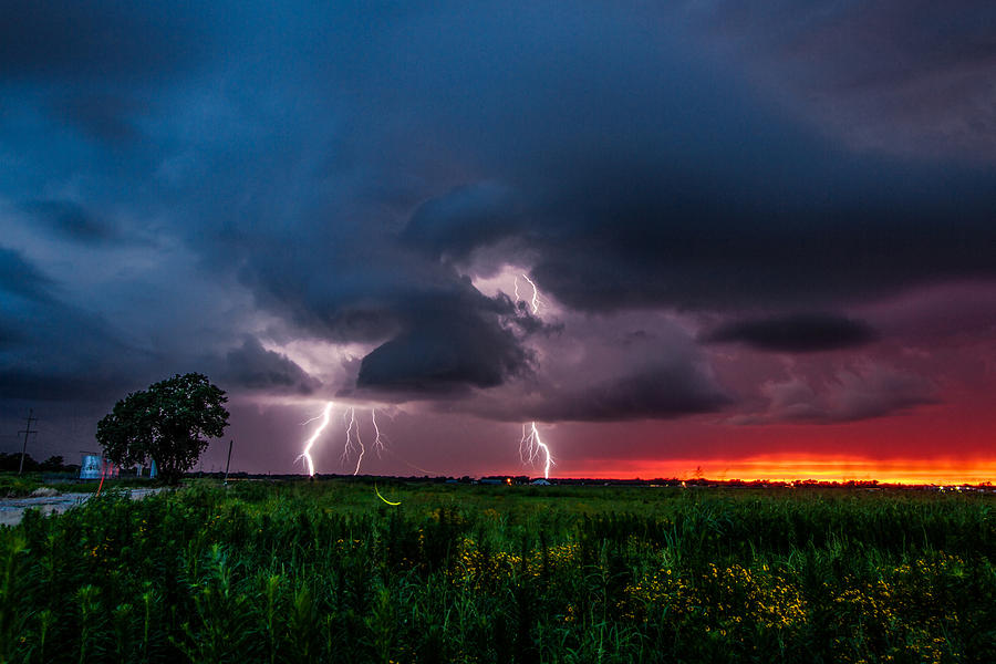 Landscape Photograph - Lightning Bugs - Firefly and Lightning at Sunset in Oklahoma by Southern Plains Photography