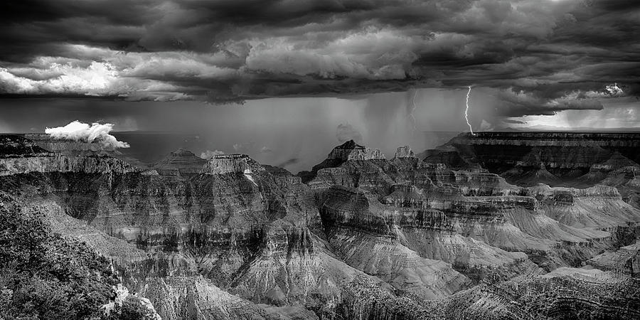 Lightning Double Strike Grand Canyon BnW 7R2_DSC1453_08122017 Photograph by Greg Kluempers