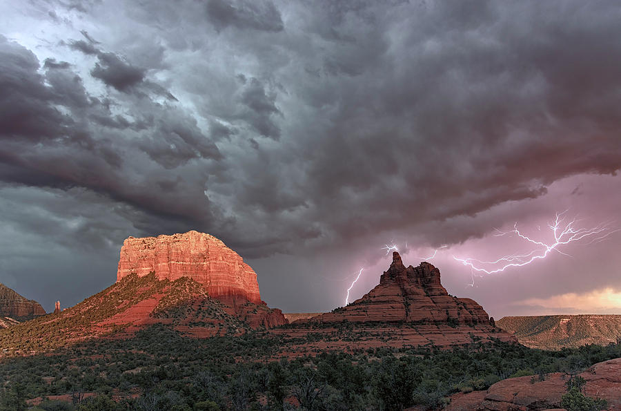 Lightning framing Bell Rock Photograph by William Belvin - Fine Art America