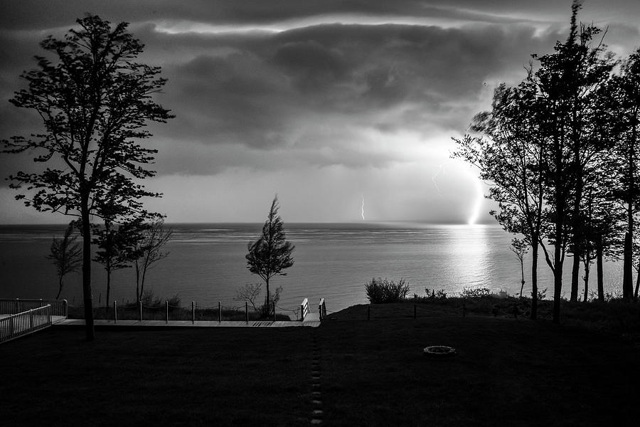 Lightning on Lake Michigan at Night in BW Photograph by Mary Lee Dereske