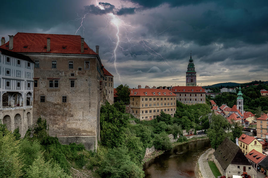 Castle Photograph - Lightning Over Cesky Krumlov Castle by Mike Deutsch