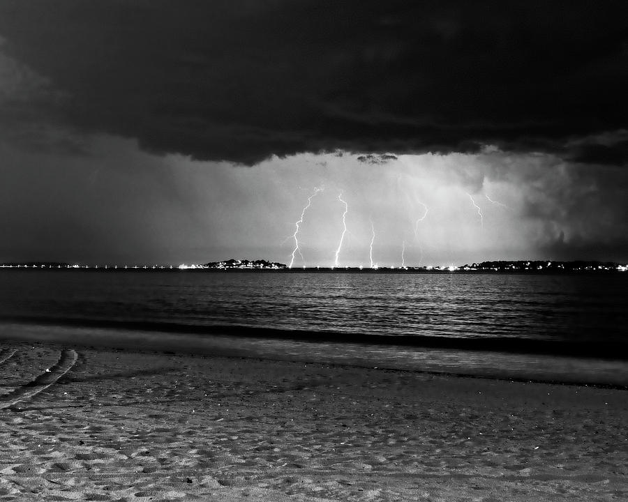 Beach Photograph - Lightning over Nahant from Revere Beach Revere MA Black and White by Toby McGuire