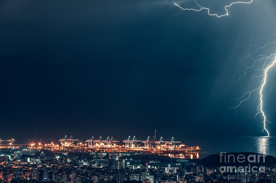 Lightning over night city Photograph by Anna Om
