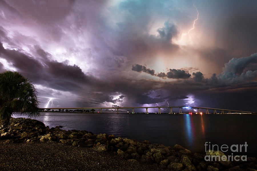 Lightning over the Sanibel Bridge Photograph by Jon Neidert
