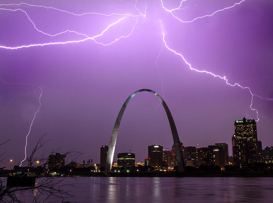 Sunset Photograph - Lightning Storm over the St Louis Arch by Garry McMichael