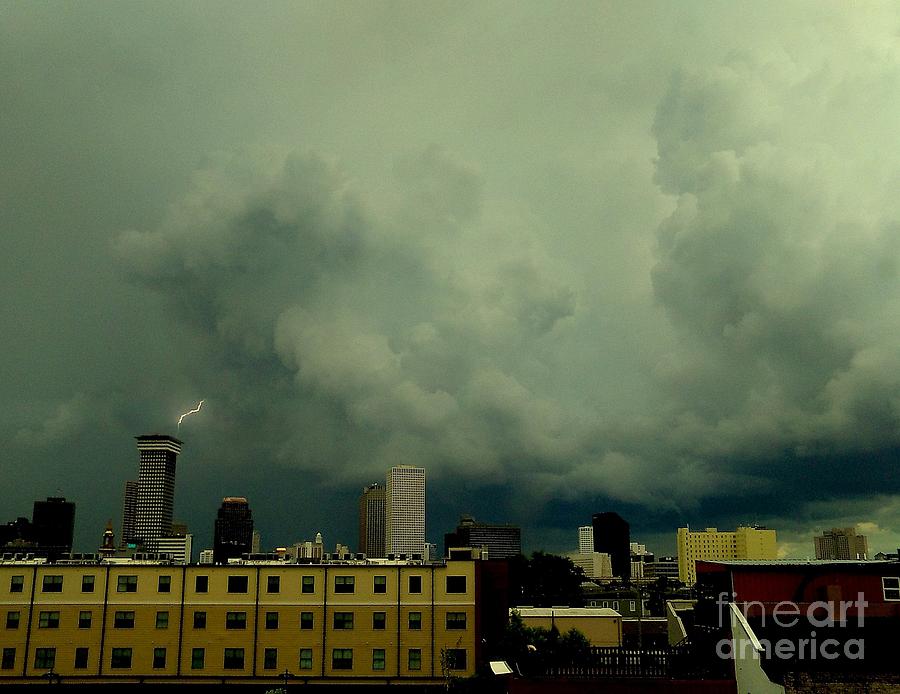 Clouds Photograph - Lightning Strike Over Downtown Building In New Orleans Louisiana  by Michael Hoard