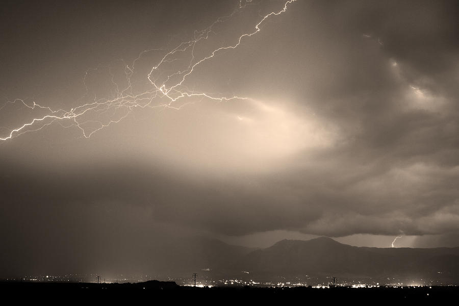 Lightning Strikes Over Boulder Colorado Sepia Photograph by James BO Insogna