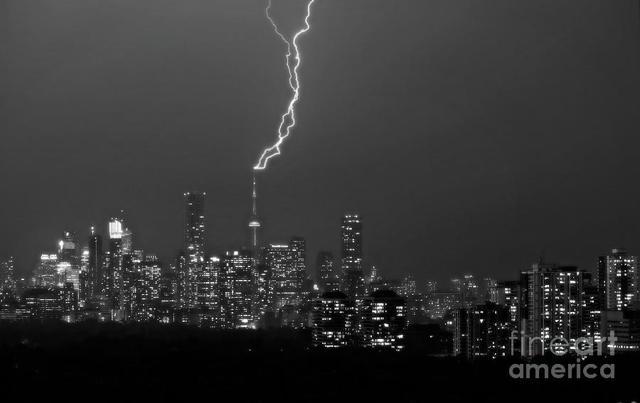 Lightning Striking CN Tower In Light Rain Photograph by Charline Xia