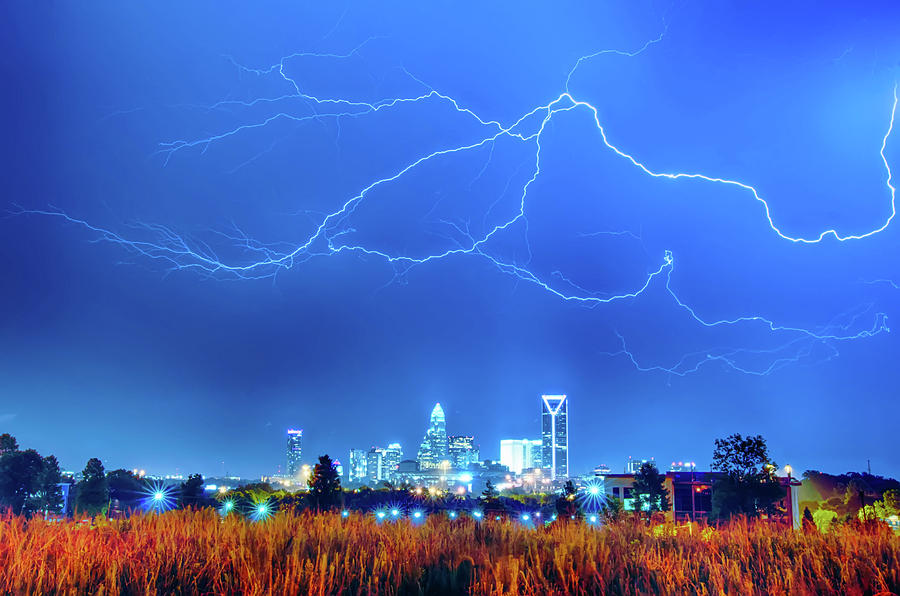 Lightning Thunder Bolts Over Charlotte Skyline Photograph by Alex Grichenko