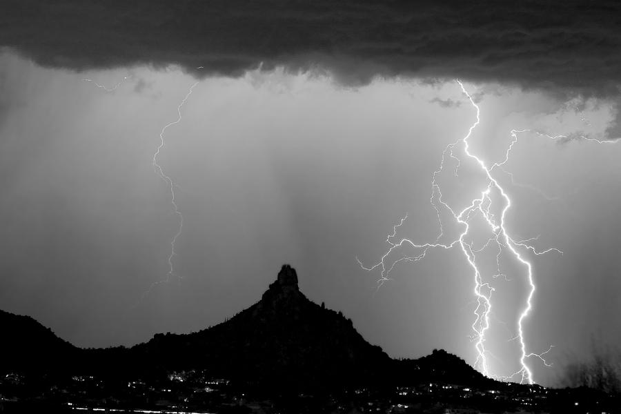 Lightning Thunderstorm At Pinnacle Peak Bw Photograph