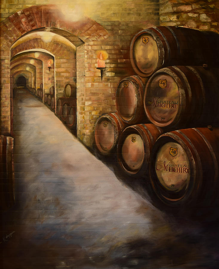 Lights in the Wine Cellar - Chateau Meichtry Vineyard Painting by Jan Dappen