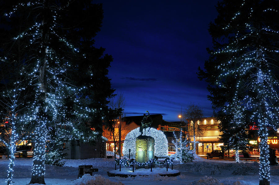 Lights on Elk antler arches and trees in Jackson Wyoming town sq Photograph by Reimar Gaertner
