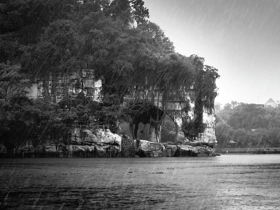 Lijiang River boat tour in the rain-ArtToPan-China Guilin scenery-Black and white photograph Photograph by Artto Pan