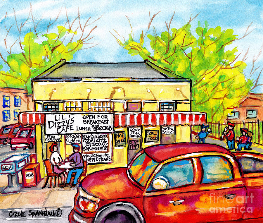 Lil Dizzys Cafe New Orleans Watercolor Painting American Streetscene Baseball Kids Red Ford Pickup  Painting by Carole Spandau