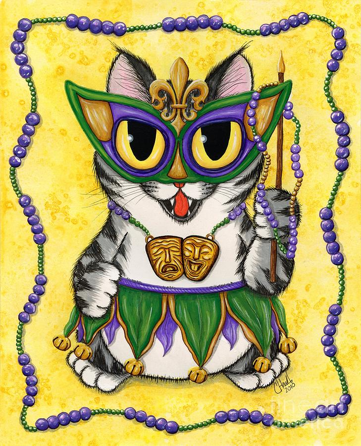 Lil Mardi Gras Cat Painting by Carrie Hawks