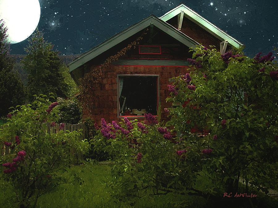 Spring Painting - Lilac Cottage by Moonlight by RC DeWinter