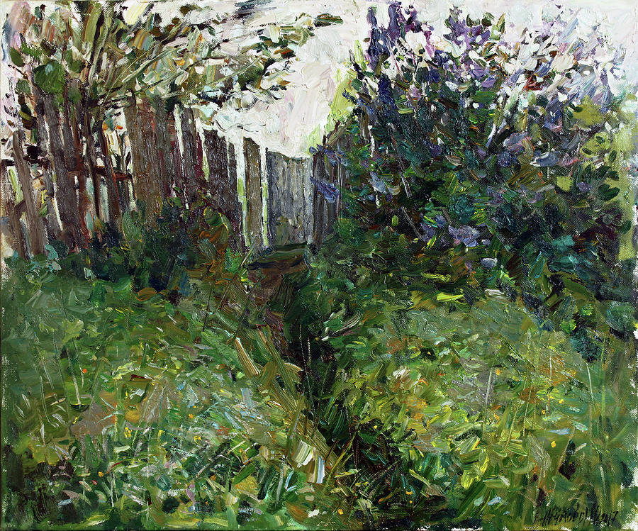 Lilac near old fence Painting by Juliya Zhukova