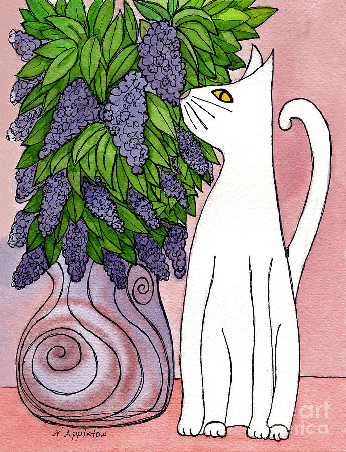 Lilac Sniffing Cat Painting by Norma Appleton