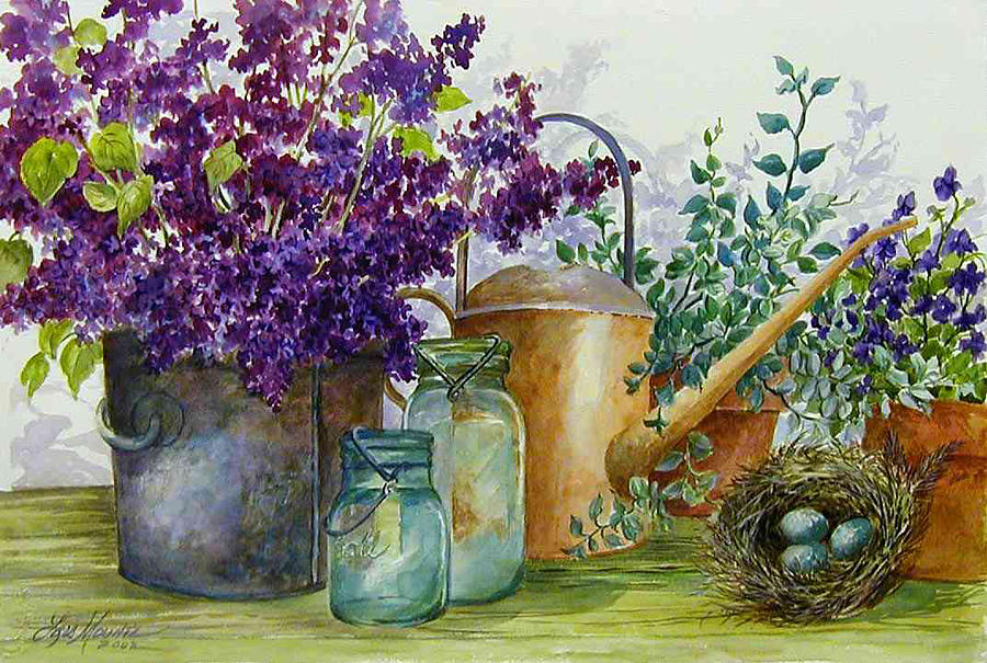 Lilacs and Ball Jars Painting by Lois Mountz