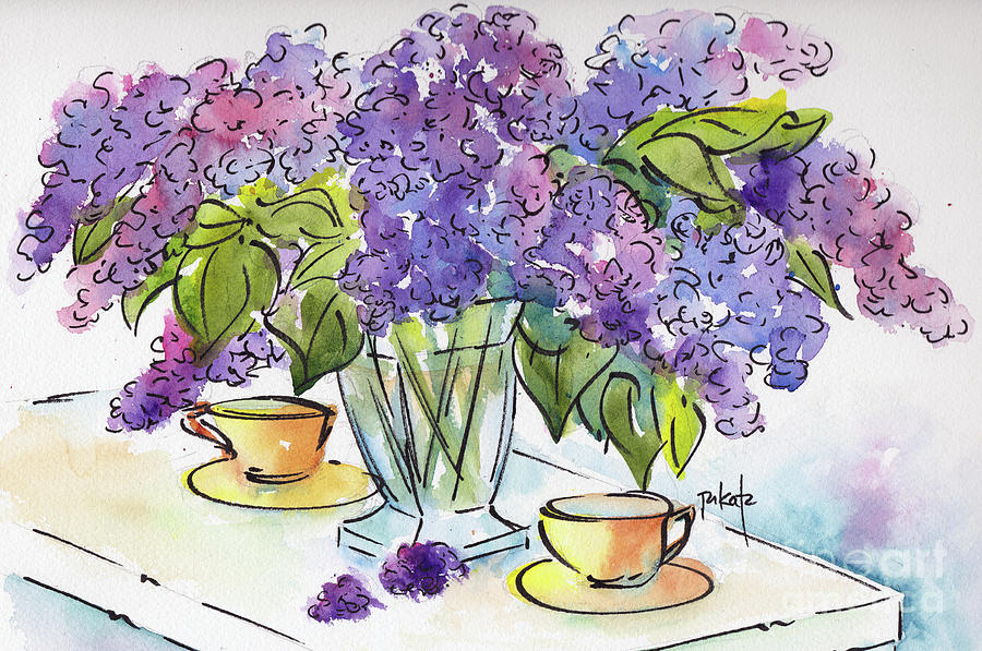 Lilacs And Tea Painting by Pat Katz