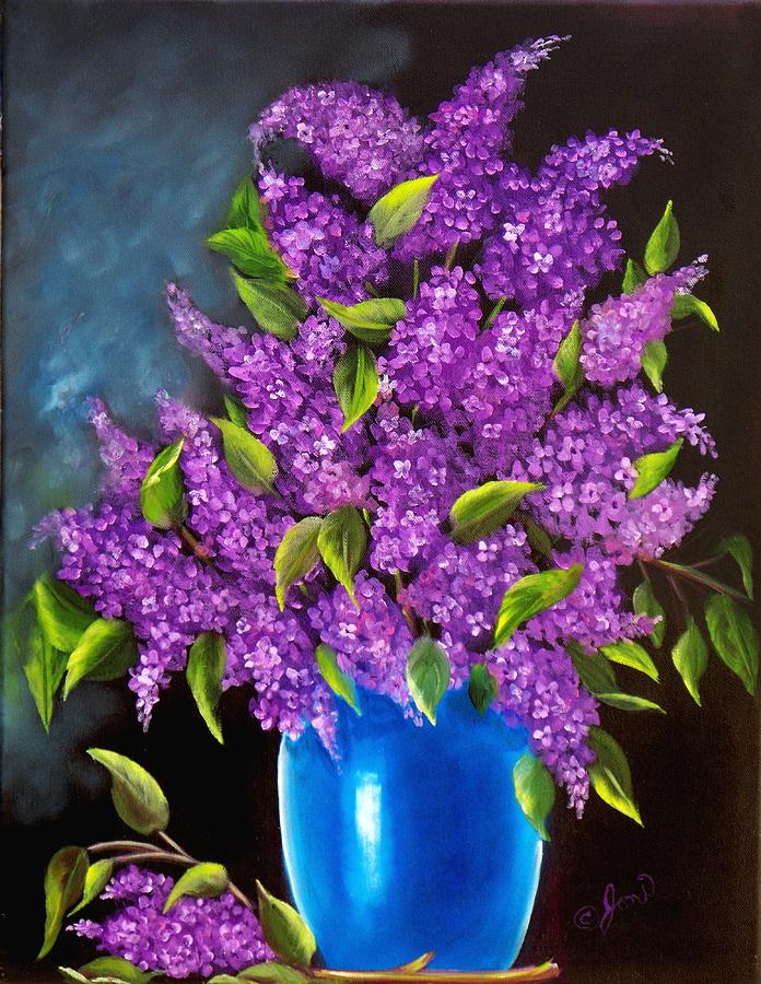 Lilacs in Blue Vase Painting by Joni McPherson