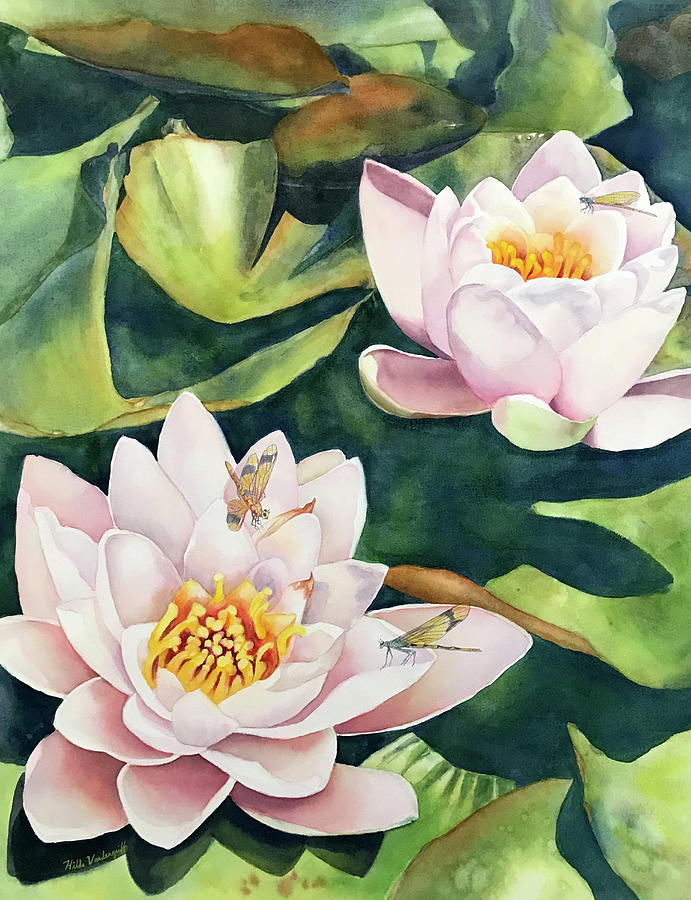 Lilies and Dragonflies Painting by Hilda Vandergriff