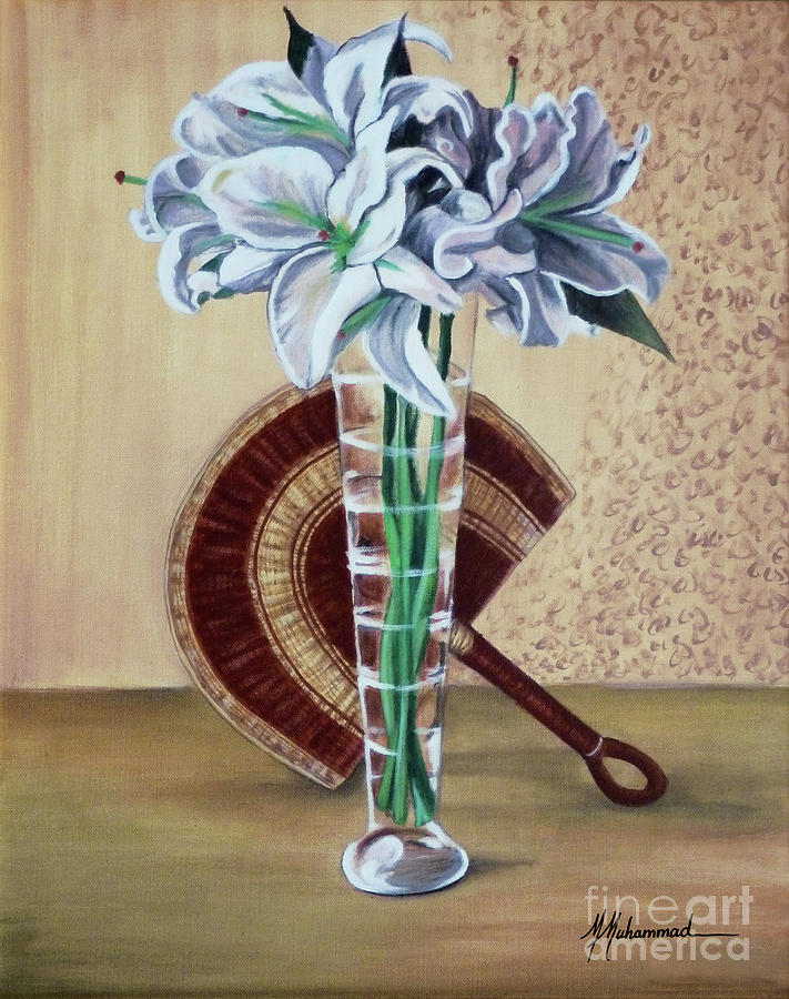 Lilies Painting - Lilies and Fan by Marcella Muhammad Lilies Painting - Lilies and Fan by Marcella Muhammad