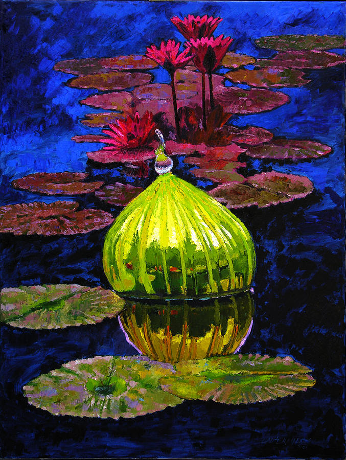Lilies and Glass Reflections Painting by John Lautermilch