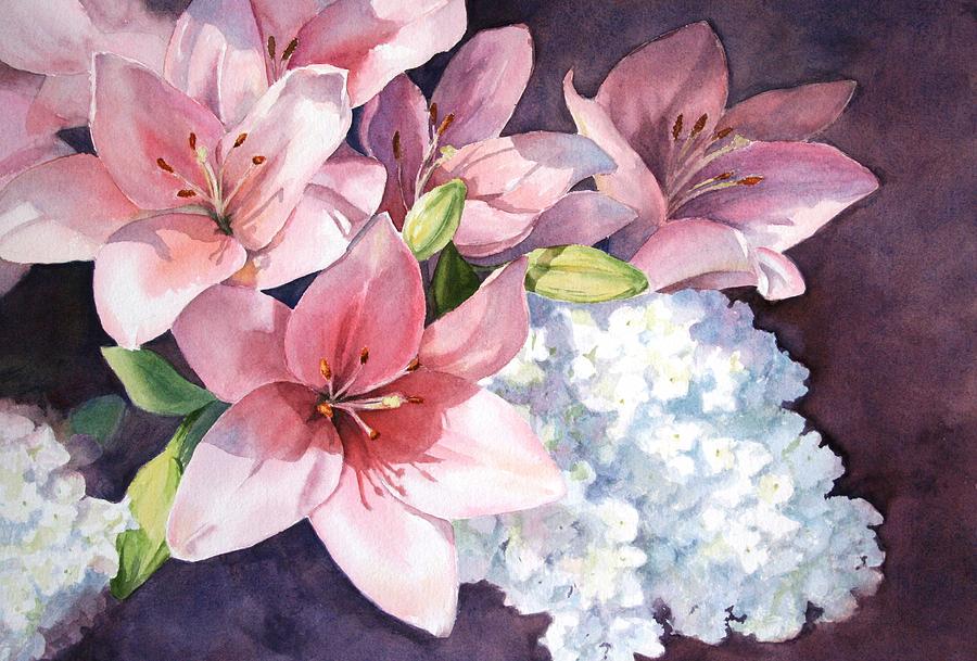 Lilies and Hydrangeas - II Painting by Vikki Bouffard