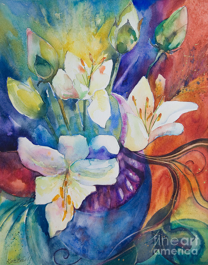 Lilies and Lotus Buds Painting by Kate Bedell