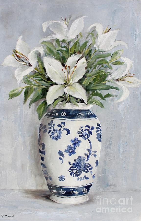 Lilies in Blue and White Vase Painting by Gail McCormack