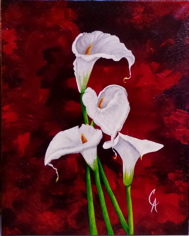 Lilies On Red Painting by Carol Avants