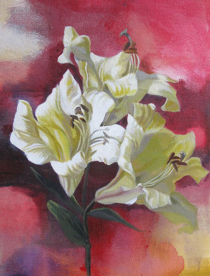 Lilies With Red Painting by Alfred Ng