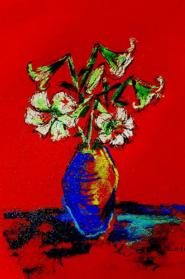 Lily in blue vase  Drawing by Hae Kim