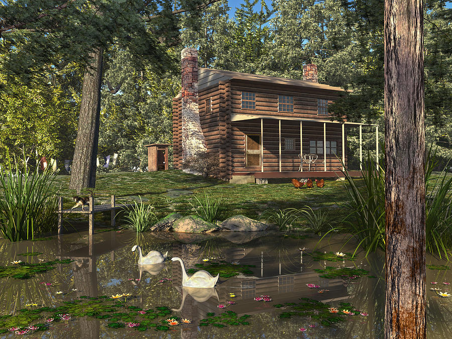 Lily Pond Cabin Digital Art by Mary Almond