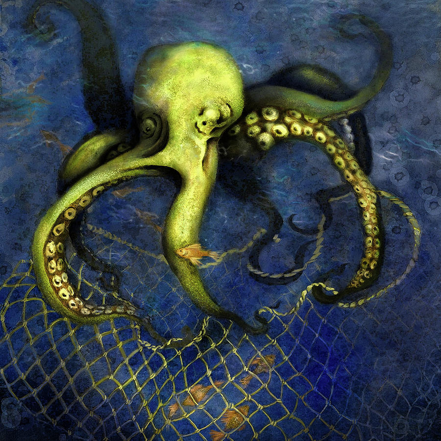 Lime Green Octopus With Net Digital Art