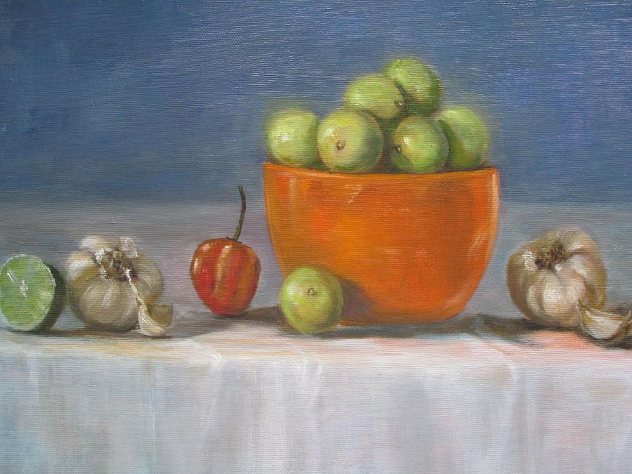 Vegetable Painting - Limes and Garlic by Jeannette Ulrich 