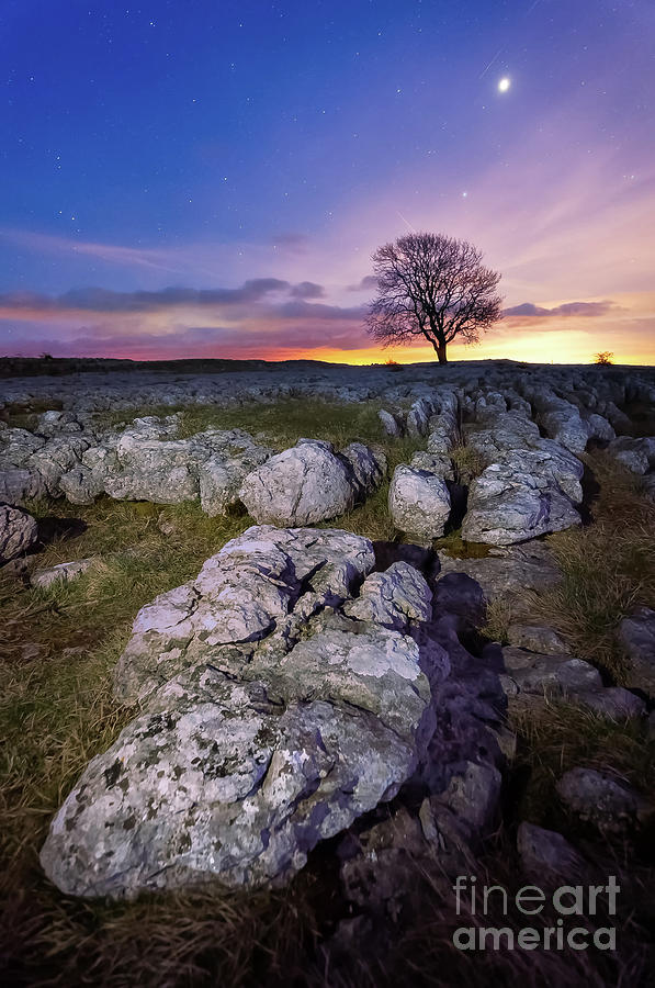 Limestone, Lonely Tree And Jupiter - Light Painted Photograph